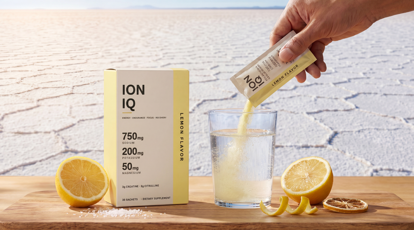 IONIQ sachet pouring into a glass on the salt flats